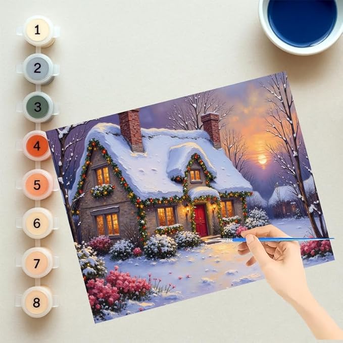 EnLvYY Christmas Cottage Paint by Numbers Adult 16x20 Inch, DIY Acrylic Painting Kit for Beginners, Winter House Night Scene Wall Art Home Decoration, Gift for Family and Friends, Unframed