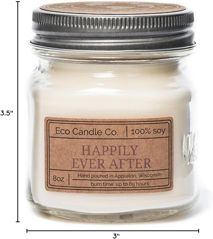 ECO CANDLE CO. Mason Jar Candle, Happily Ever After, 8 oz. - Scents of Wedding Bouquets - 100% Soy Wax, No Lead, Kraft Label & Antiqued Pewter Lid, Hand Poured, Made from Midwest Grown Soybeans