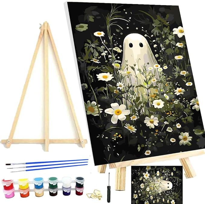 Meothan Framed Paint by Numbers Kits for Adults, Halloween Paint by Number for Adults Beginners, Paint by Numbers Kits on Canvas with Framed and Easel for Home Wall Decor 11.8x15.7inch (Ghost)
