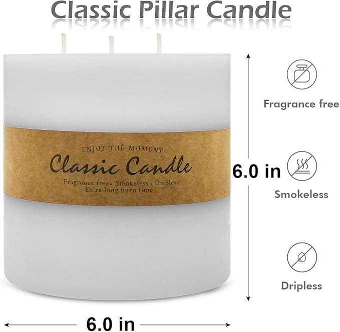 Large 3-Wick White Pillar Candle - 6x6 Inch Dripless & Smokeless Unscented Fat Candle, 120 Hour Long Burning Hand-Poured Thick Candle with Cotton Wicks