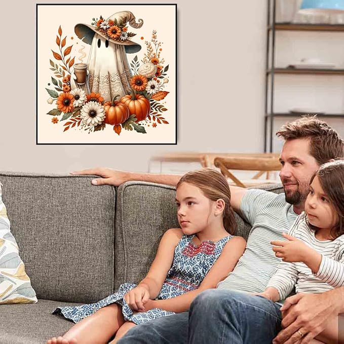VIGEGU Fall Ghost Paint by Numbers Kit for Adults with Framed,Thanksgiving Paint by Number DIY Acrylic Adult Paint by Number Kits for Wall Decor 10x10in