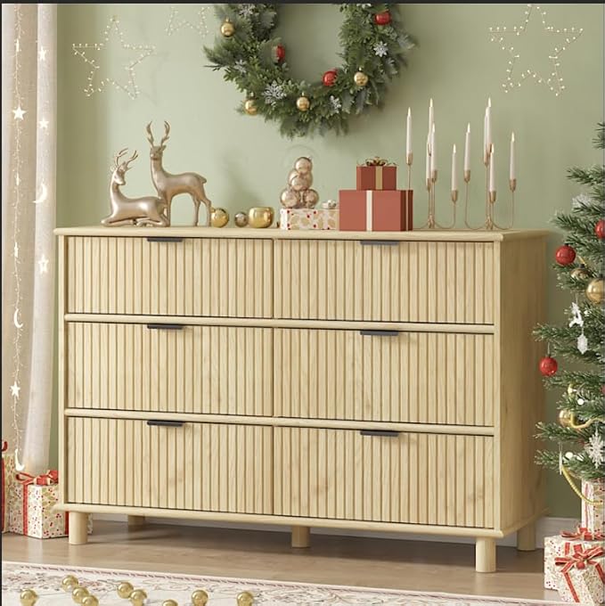Fluted 6 Drawer Dresser for Bedroom, 47.8" Wide Chest of Drawers with Solid Wood Legs, Wooden Modern Double Dresser TV Stand Organizer for Living Room, Hallway Natural Oak