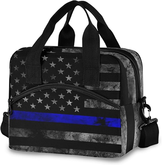CBBYY Thin Blue Line American Flag Lunch Bags for Women Men, Reusable Insulated Lunch Box, Adjustable Shoulder Straps Tote Lunch Bag for Work Picnic School