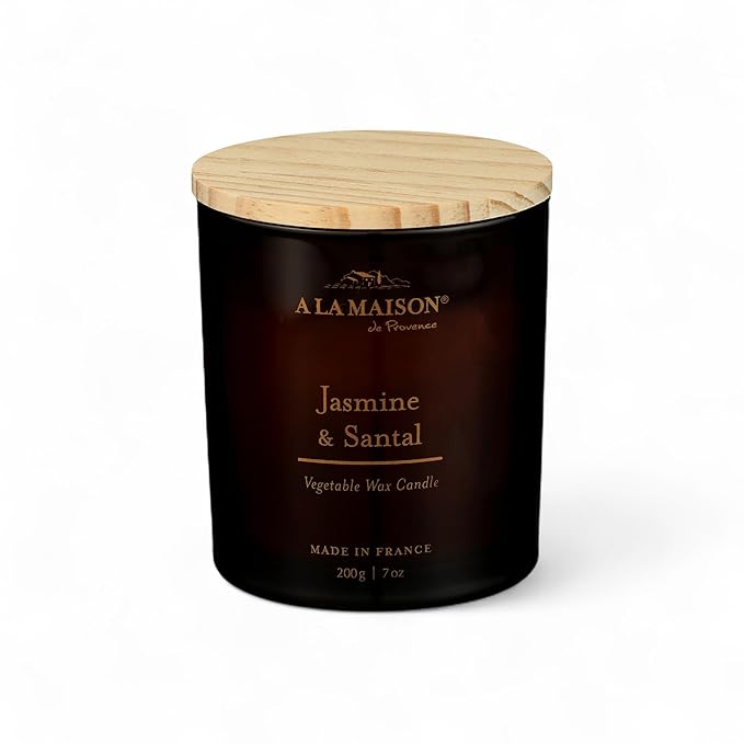 A LA MAISON Scented Candle – Jasmine & Santal – Natural Candle with Cotton Wick in Luxury Amber Glass – Clean Burn, Made in France, 7oz