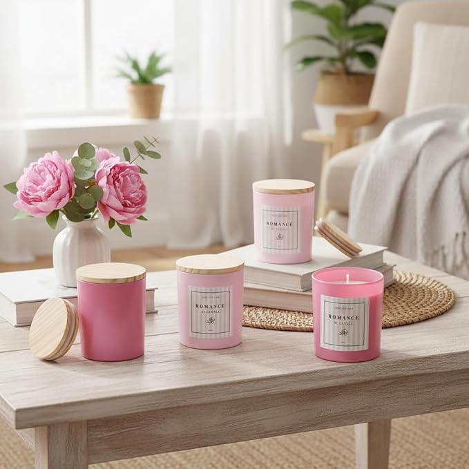 12Pcs Assorted Pink Candle Jars for Making Candles, 10oz Empty Candle Jars with Bamboo Lids and Labels, Glass Candle Jar for Candle Making Supplies, Candle Containers for DIY Gifts