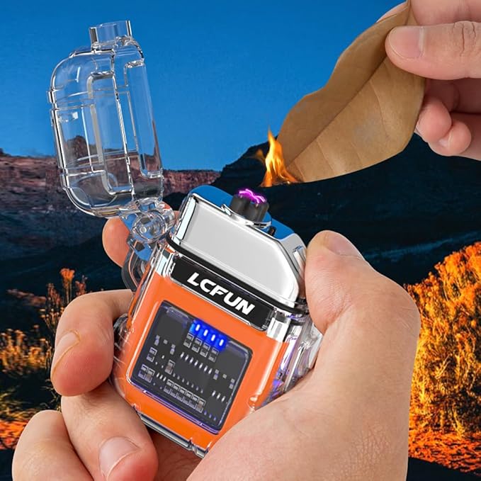 LcFun USB Rechargeable Electric Lighter with COB Flashlight,Windproof Plasma Dual Arc Lighter with Battery Display, Waterproof Lighters for Camping, Survival, Hiking, Candle