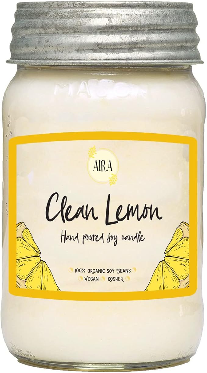 Aira Soy Candles - Organic, Kosher, Vegan, in Mason Jar w/Therapeutic Grade Essential Oil Blends - Hand-Poured 100% Soy Candle Wax - Paraffin Free, Burns 110+ Hours - Clean Lemon - 16 Ounces