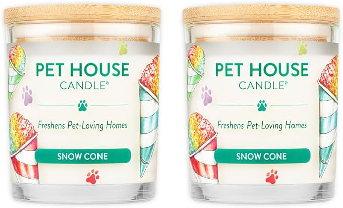 Pet House Candles, Clean Burning Scented Pet Odor Candles, Natural Soy-Based, 60 Hour Burn Time - Snow Cone, 9 oz, 2 Pack
