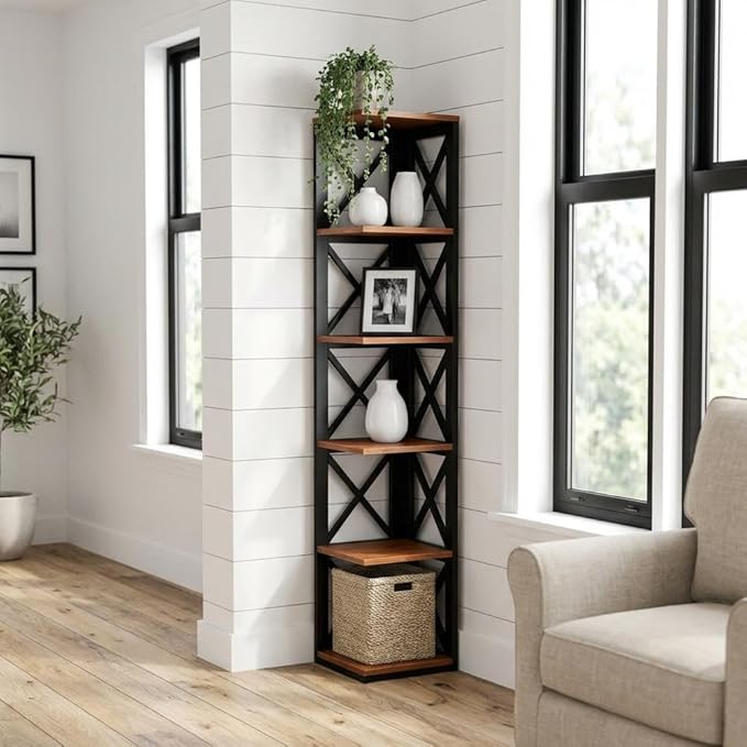 Furnifact Cherry Black 5-Tier Corner Bookcase with Multiple Shelves, Durable Non Lead Base Paint Finish, Space-Saving Design for Home and Office Storage