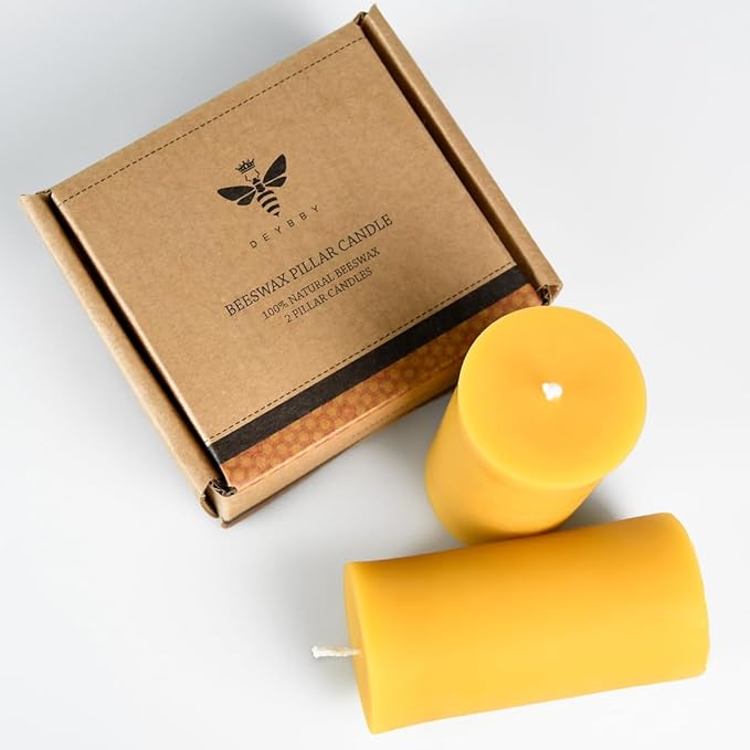 DEYBBY Natural Beeswax Pillar Candle, Smokeless Dripless Pure Beeswax Candle Set with Natural Scent for Room Decoration Prayer Party, Long Lasting Burn Time, 2 X 4 inch (2 Pack),Yellow Raw