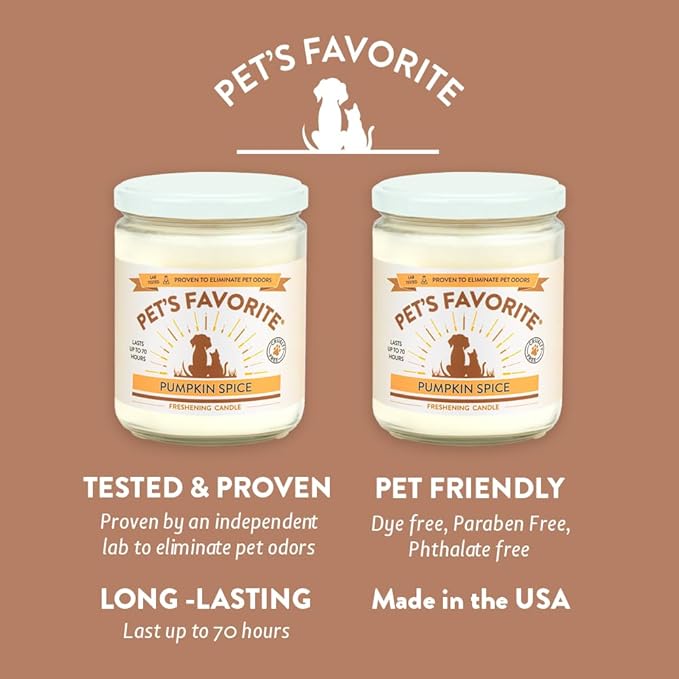 Pet's Favorite Pet Odor Candle, Clean Burning, Long Lasting Candles with a Natural Fiber Wick and 70 Hour Burn Time, Pumpkin Spice Pack of 2