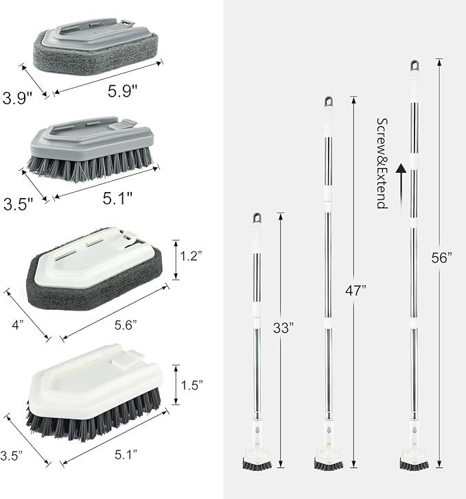 ITTAHO Shower Tile Tub Scrubber Brush with 4 Cleaning Heads,Floor Scrub Brush with 56''Long Handle, Shower Cleaner Brush & Grout Cleaner Brush Set for Shower,Tile, Tub, Bathroom,Kitchen,Walls,Sink
