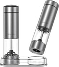 CIRCLE JOY Battery Operated Electric Salt and Pepper Grinder Set with Base, Stainless Steel Pepper Mills with 95ml Container, White LED Light and External Adjustable Coarseness, Silver