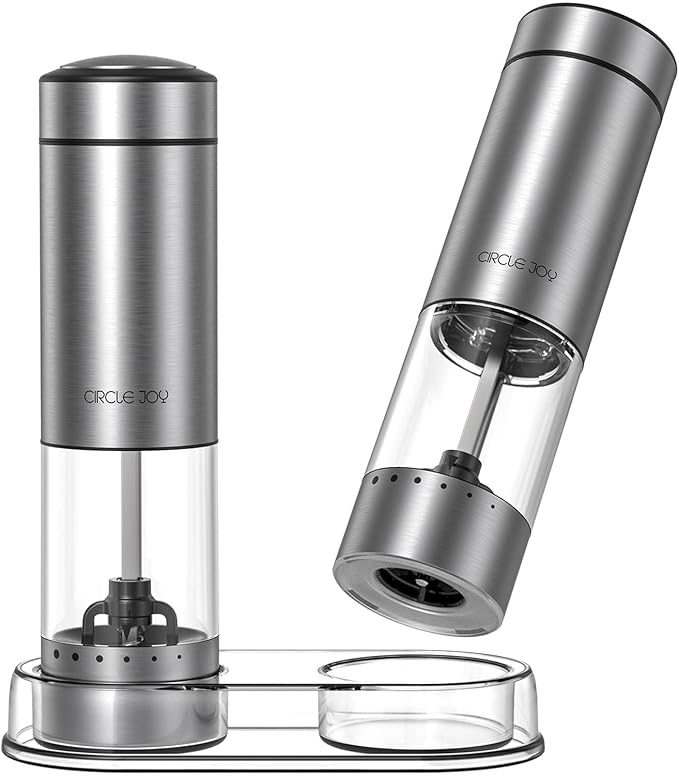CIRCLE JOY Battery Operated Electric Salt and Pepper Grinder Set with Base, Stainless Steel Pepper Mills with 95ml Container, White LED Light and External Adjustable Coarseness, Silver