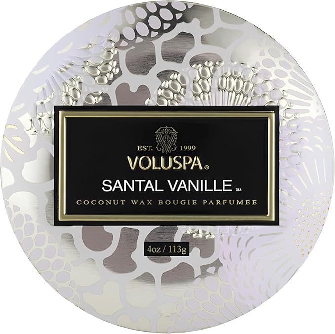 Voluspa Santal Vanille, Mini Tin Candle, 4 Ounce, 25 Hour Burn Time, Coconut Wax for Clean Burning, Handcrafted in The USA