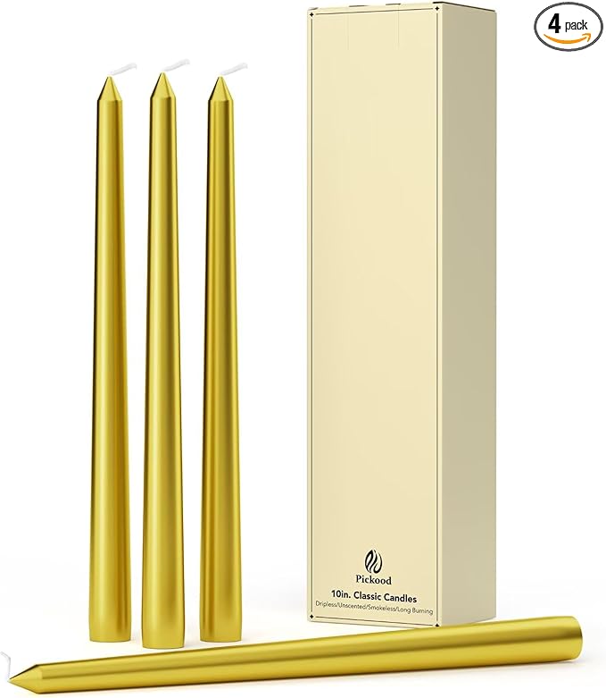 10-Inch Tall Dripless Taper Candles Set of 4 - Gold Tapered Candles, Perfect for Wedding,Christmas - Smokeless, Unscented, Long Burning - Hand Poured, Colored Tall Candlesticks - doradas