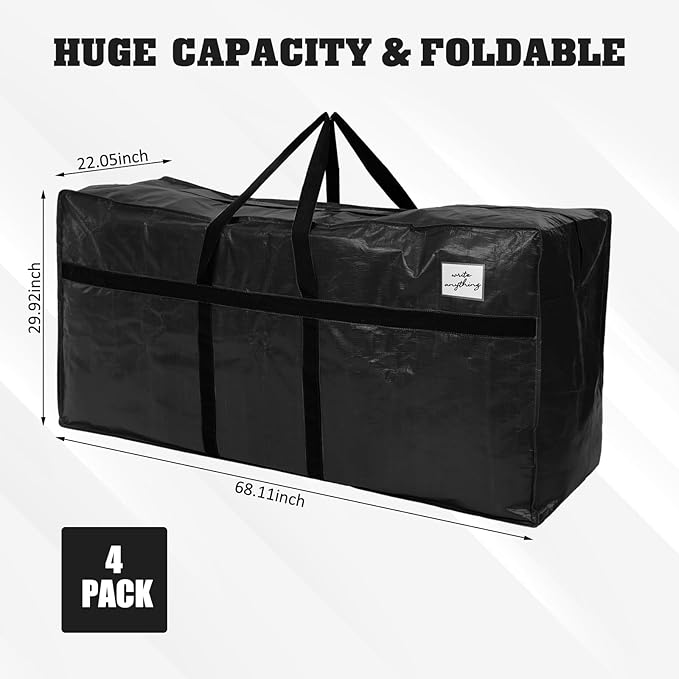 4 Pcs 194 Gallon Extra Large Moving Bags Heavy Duty Storage Bag with Strong Zipper Handle Foldable XXL Jumbo Storage Tote Packing Moving Box for College Dorm Travel Cloth Duffle (Black)