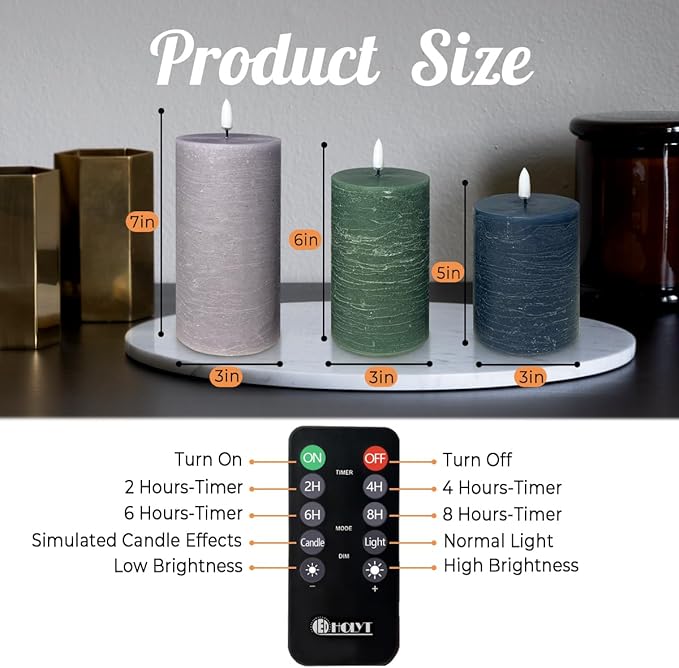 Rechargeable Flameless LED Pillar Candles–Luminous Real Wax Indoor Home Decor–Set of 3, Realistic Flickering LED Flame,Remote & Timer, USB-Rechargeable（Verdant & Ash Tones）