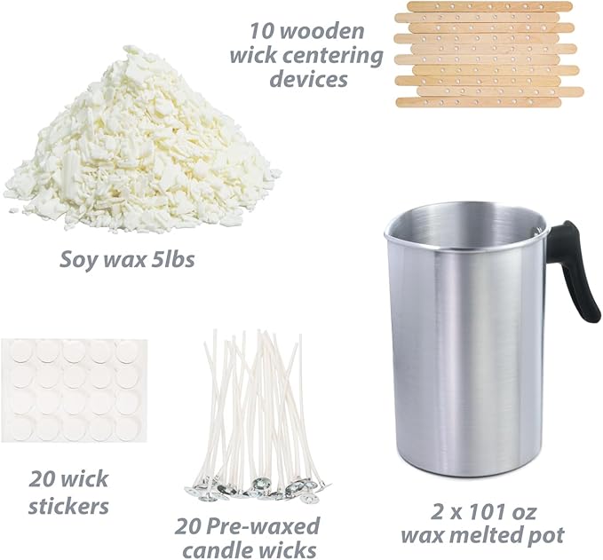 Candle Making Kit, 5 lb Soy Flakes, 2X 101oz Wax Melting Pot, Candle Wicks, Wick Stickers, Centering Device Vegan Cruelty Free