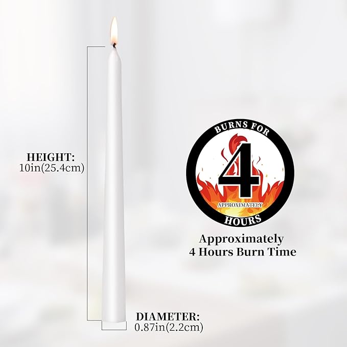 KONNI 0.87×10 Inch White Taper Candles, Unscented and Smokeless Tall Candlesticks, 10 Pack Tapered Candles with Cotton Wicks, Long Burning, Ideal for Weddings, Dinner Parties, and Home Décor