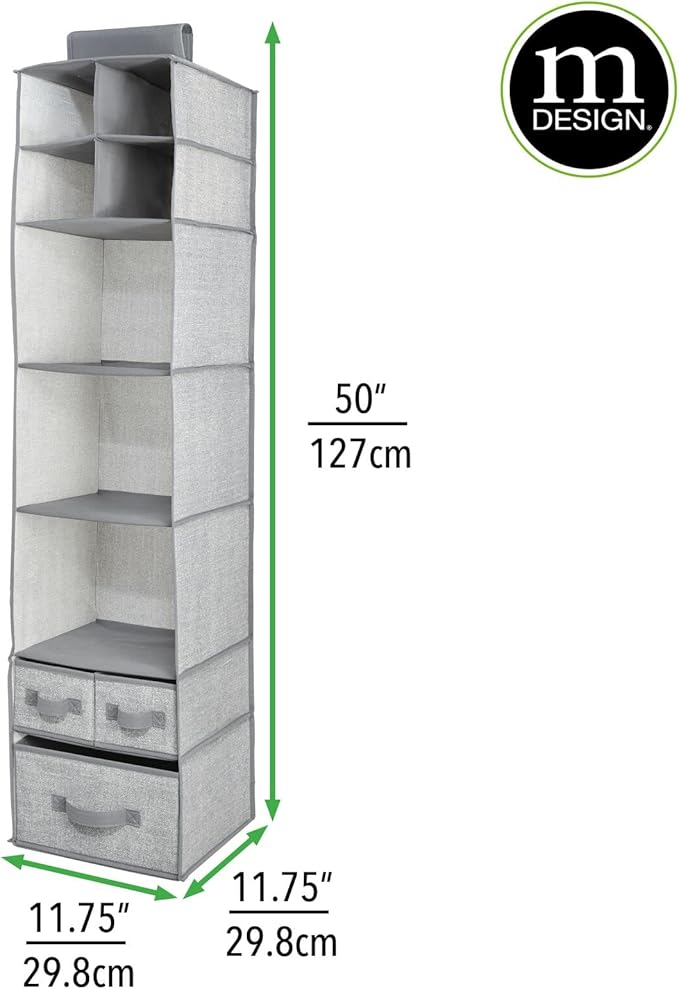 mDesign Fabric Hanging Organizer - Over Closet Rod Storage - 7 Shelves/3 Removable Drawers for Baby Nursery Bedroom Organization - Hold Clothes, Linens, Toys, Accessories - Lido Collection - Gray
