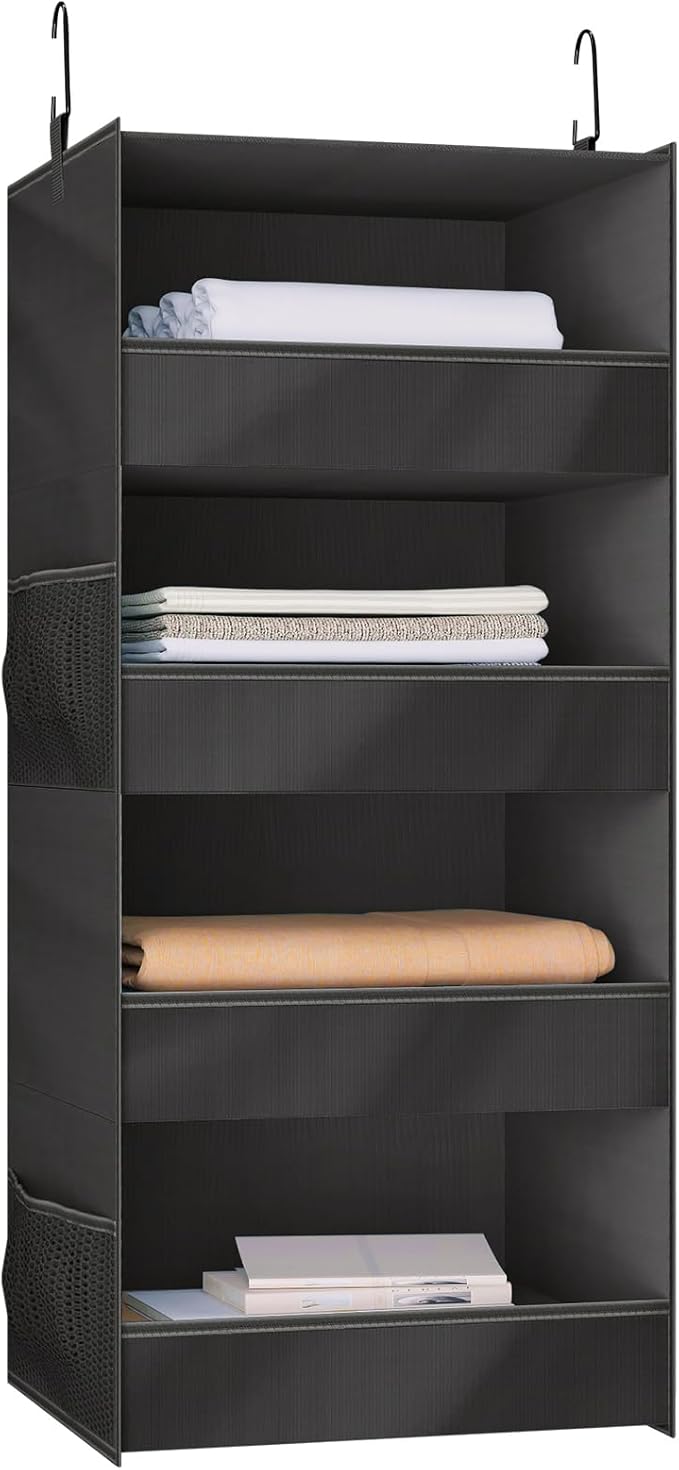 4-Shelf Hanging Closet Organizer and Storage Foldable Hanging Closet Shelves Front Lip Design Washable Hanging Storage, Black