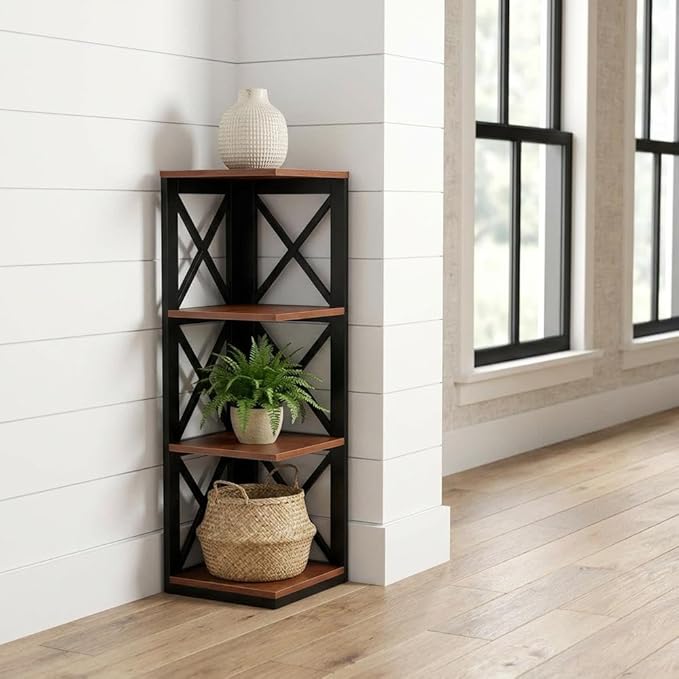 Furnifact Cherry Black 3 Tier Corner Bookcase with Non Lead Base Paint, Space-Saving Design, Durable Construction, Ideal for Home or Office Decor