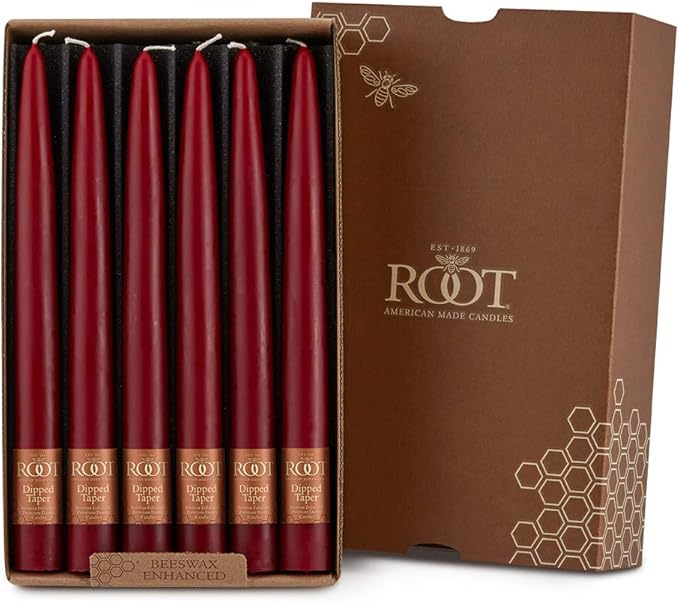 Root Candles Unscented Dinner Candles Premium Beeswax Blend Boxed Candle Set, 9-Inch, Garnet, 12-Count