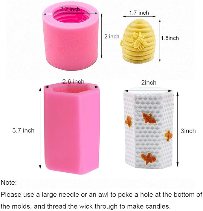 3D Bee Honeycomb Candle Molds with 50Pcs Low Smoke Candle Wicks, Hexagon Beehive Silicone Molds for Making Beeswax Candles Soaps Lotion Bars Bath Bombs (Set of 2)
