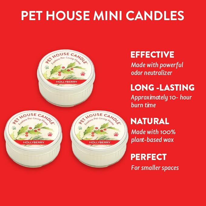 Pet House Mini Candles for Pet Odor Made with Natural Soy Wax, Plant Based, Dog and Cat Friendly Scented Candles, Hollyberry Pack of 3