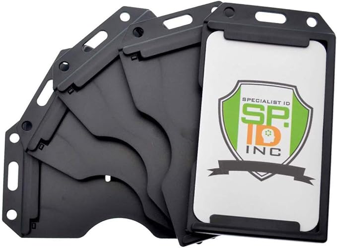 5 Pack - Heavy Duty 2-Sided Rigid Multi Card Holder - Hard Plastic Vertical ID Badge Holders for 2 Standard or Thick Prox Cards, Fuel Card, CAC, Work Badge, or Credit Cards by Specialist ID (Black)