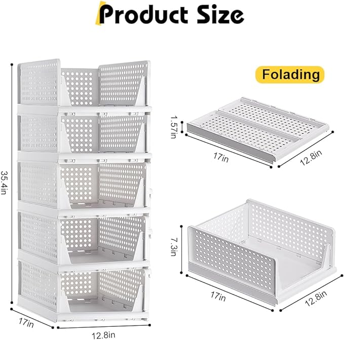 yazi 5 Pack Stackable Closet Storage Box,Closet Shelf Organizer and Storage Plastic Drawer Storage,Wardrobe Organizer Closet Organizers Storage