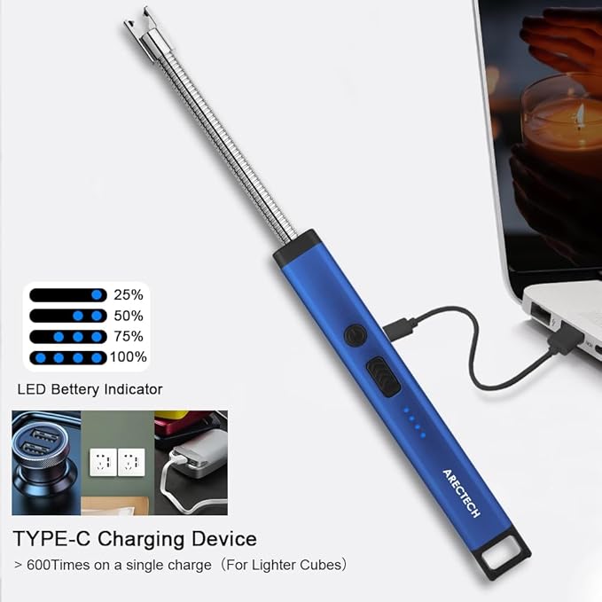 ARECTECH Candle Electric Lighter Rechargeable USB Arc Lighters for Candle Camping Fireworks Christmas Birthday Gifts with LED Light for Men Women Blue