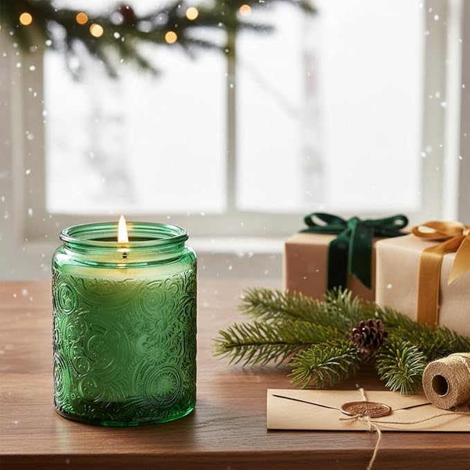 9-Pack 8oz Embossed Glass Candle Container with Bamboo Lids and Labels, Green Candle Jars for Making Candles, Sun Moon Star Design