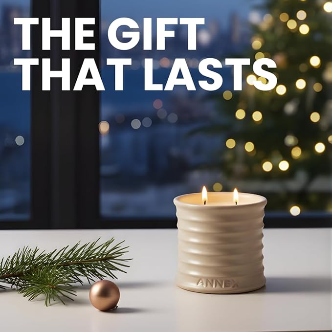 Annex Fig Leaf & Lemon Luxury Scented Candle - 8oz Handmade Beige Ceramic Jar Candle - 50hr Clean Burn, 100% Non-Toxic Soy Wax, Home Fragrance, Aesthetic Decor Gift for Men Women - Amber & Sandalwood