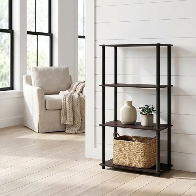 Furnifact Dark Walnut Bookcase with Sturdy Wood Construction, Spacious Storage, Elegant Design, Suitable for Living Room, Office, or Bedroom Use