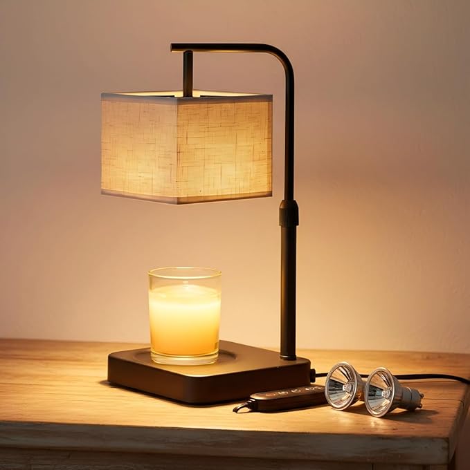 MOAFINA Candle Warmer Lamp with Timer & Dimmable, Height Adjustable Wax Warmer with Linen Shade & 2 Extra Bulbs, Flameless Candle Melter for Jar Candles, Gifts & Bedroom Decor