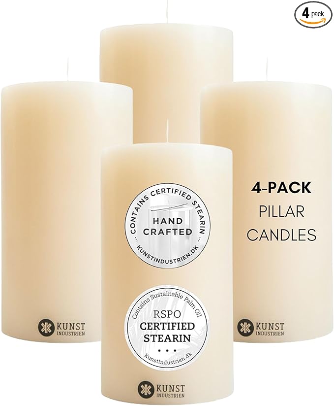 Pillar Candles, Handmade in Europe, 4 Pack – RSPO Certified, Dripless & Smokeless Velas, Long Burning Candles 70 Hours per Large Candle, Unscented Candle Set (4 pcs, Ø 2.8 in x H 4.7 in, Off-White)