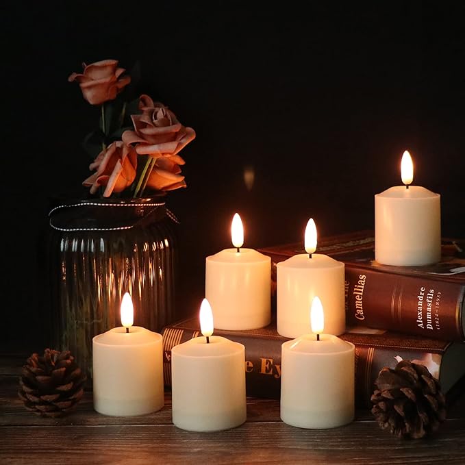 GenSwin Flameless Waterproof Pillar Candles Flickering with Remote & Timer, Battery Operated LED Votive 3D Wick Candles for Indoor Outdoor Lanterns 6 Pack Ivory(Battery Include, 2 x 3.2 Inch)