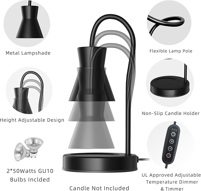 LALISU Candle Warmer Lamp with Timer and Dimmer, Vintage Electric Melter Candle with 2 Bulbs, Melter Scented Height Adjustable Compatible with Jar Candles, House Warming Gifts (Black)