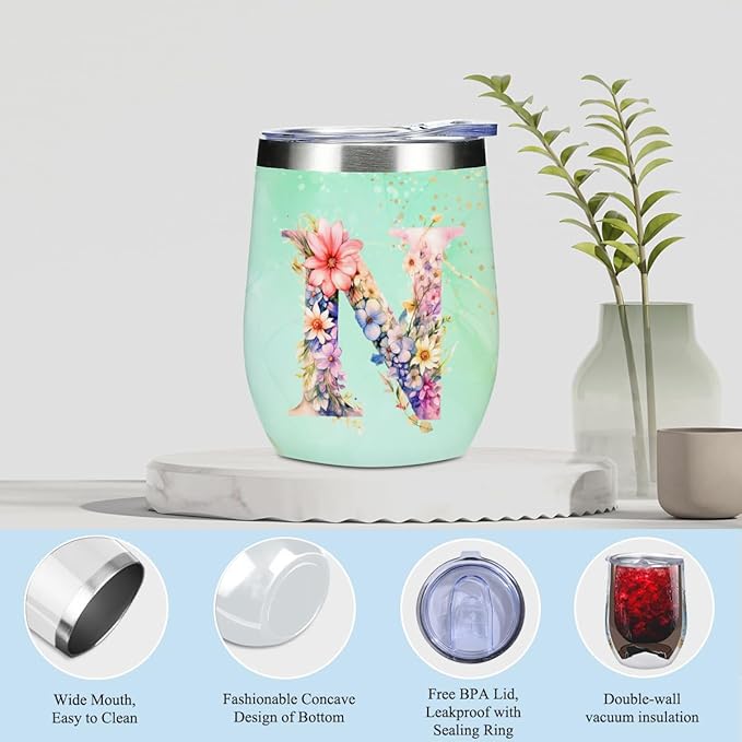 Personalized Gifts Monogrammed Birthday Gifts for Women, Colleague, Leader Mentor Female Farewell Christmas, Initial Wine Tumbler Makeup Bag Scented Candle Bracelet Set, (Aesthetic Green Flower N)