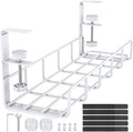 15.7” Under Desk Cable Management Tray, No Drill Heavy Duty Steel Standing Desk Cable Management, Wire Management Tray Cable Rack with Clamp Mount, Adjustable Metal Under Desk Tray (White, 1 Pack)