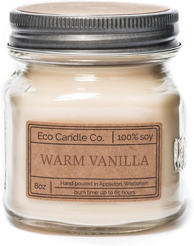 ECO CANDLE CO. Mason Jar Candle, Warm Vanilla, 8 oz. - Scents of Rich Vanilla - 100% Soy Wax, No Lead, Kraft Label & Antiqued Pewter Lid, Hand Poured, Phthalate Free, Made from Midwest Grown Soybeans