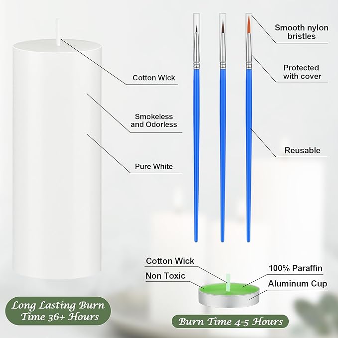 MTLEE 84 Pcs DIY Candle Painting Kit Include 12 White Pillar Candles 60 Colored Tealight 12 Paint Brushes for DIY Crafts Birthday Wedding Party Centerpiece(2"x6")