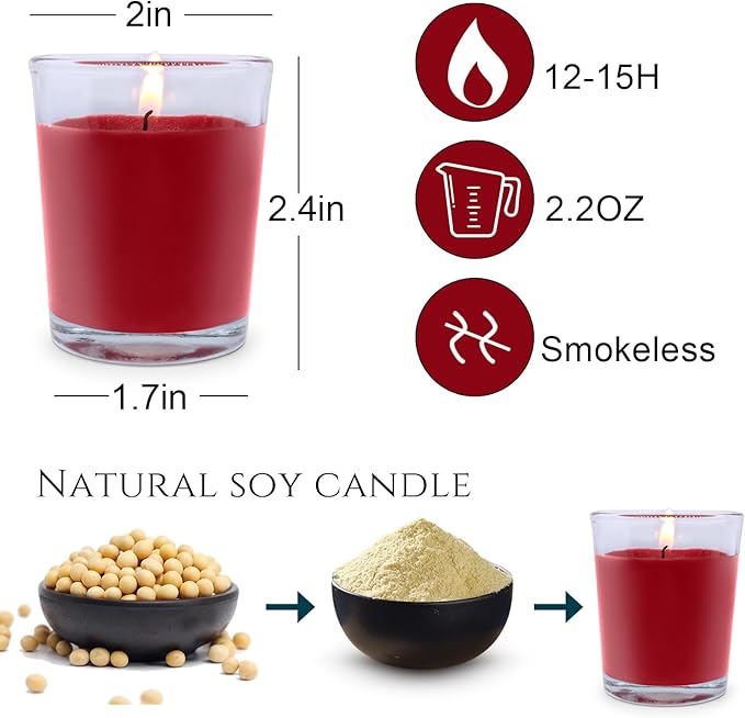 20 Packs Unscented Red Colored Votive Candles in Glass, Small 2 Inch Natural Soy Wax Non-Toxic Clean Burning Candles for Wedding Table Home Spa Holidays Party