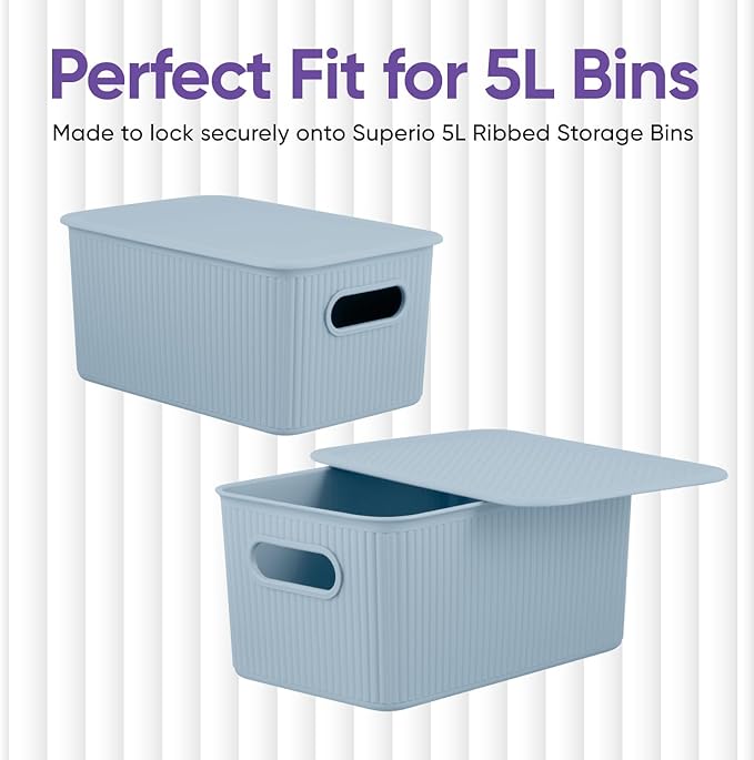 Superio Ribbed Collection Lid for Decorative Plastic Basket Open Home Storage Bins Organizer Baskets, Medium Blue - for Organizing Closet Storage Bins for Shelves Drawer Shelf 5 Liter