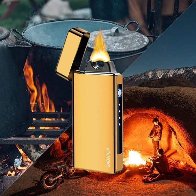 GADATOP Electric Lighter Dual Arc Plasma Lighter USB Rechargeable, Windproof Flame Lighters Electronic Lighters for Candle Incense Camping (Gold)