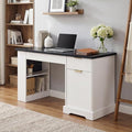 Modern Fluted Office Desk with Storage Cabinet Drawers Power Outlet Pegboard Built-in Shelves Keyboard Tray for Home Office Study Living Room (White)