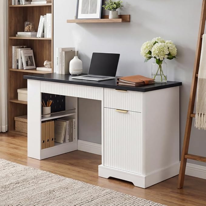Executive L Shaped Desk with Storage Cabinet Drawers Built in Power Outlet Shelves for Home Office Gaming Study (White)