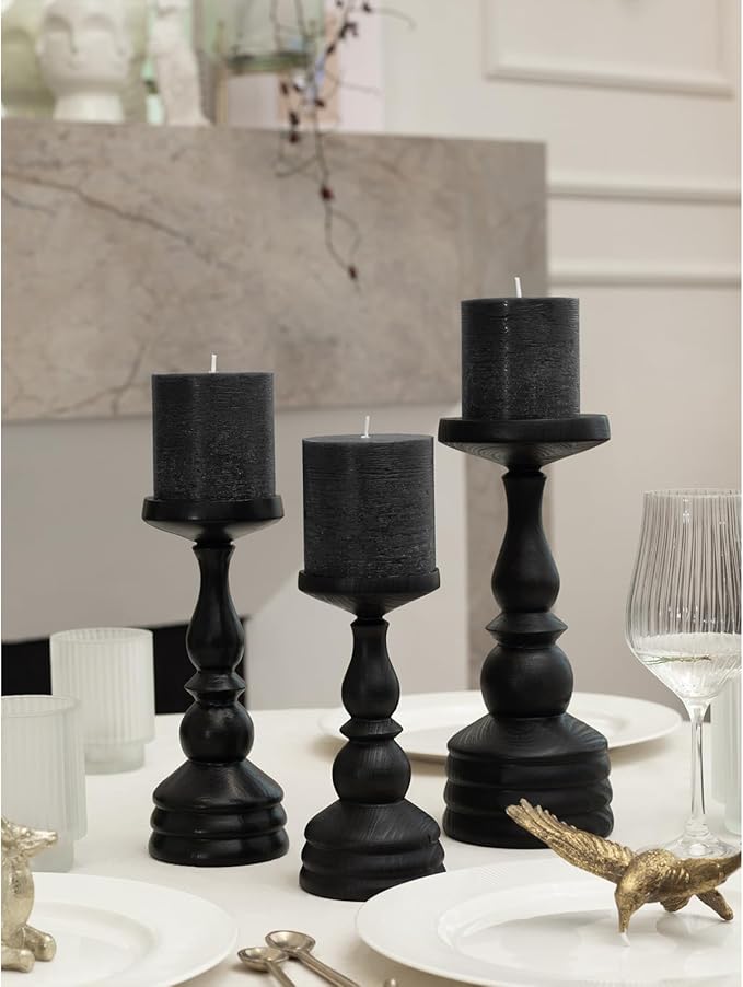 CANDWAX 3x3 Pillar Candles Set of 3 - Rustic Unscented No Drip Black Candles for Halloween Decor, Parties, Gothic Décor